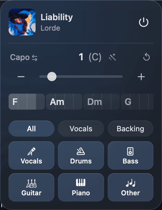 Transposify showing Liability by Lorde with capo position 1 in C and live chords