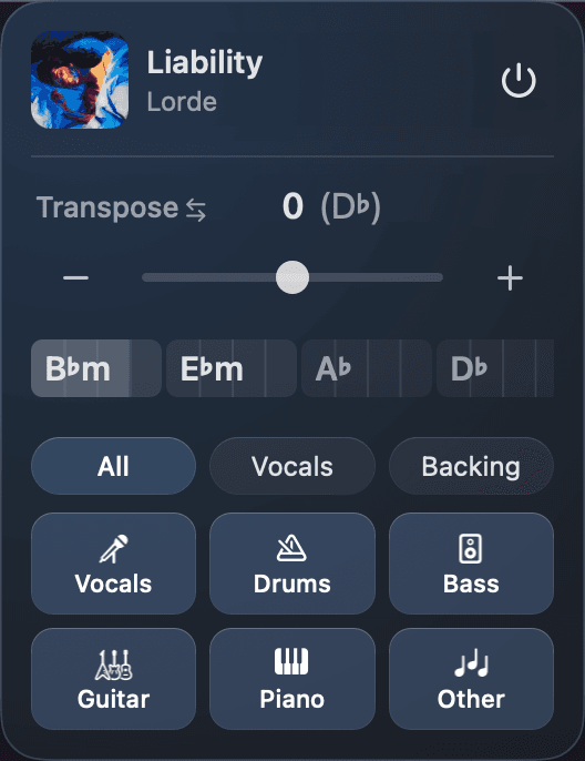 Transposify showing Liability by Lorde, live chords, and individual instrument controls